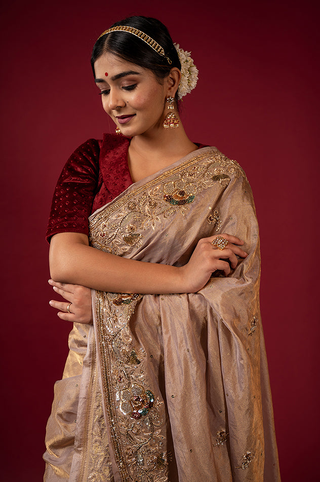 light golden brown pure tissue zardozi sequins border butti handwork saree