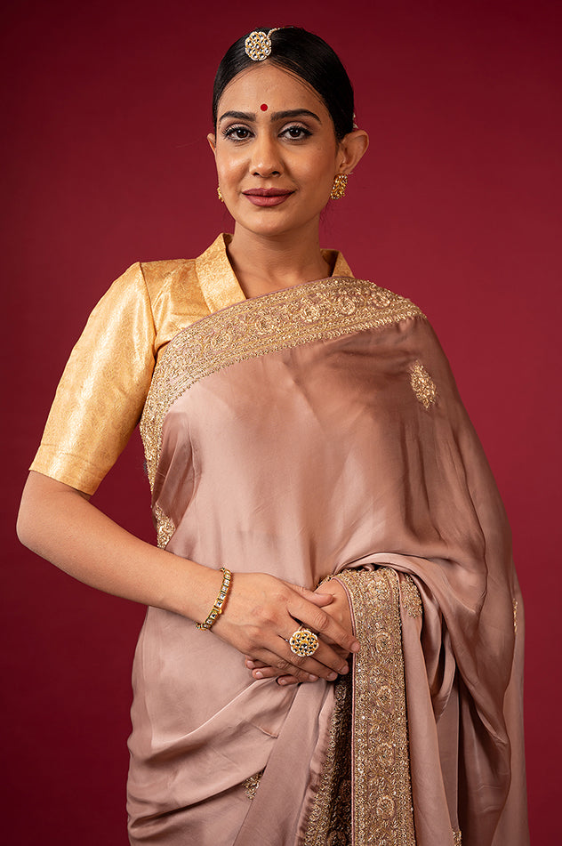 light golden brown pure silk Satin zardozi border butti handwork saree