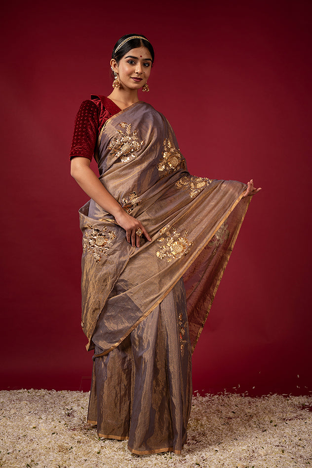 brownish grey pure tissue aari badla sequins motif handwork saree