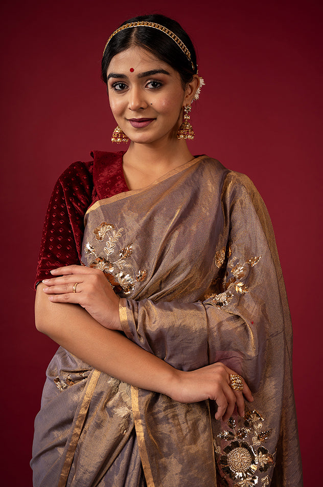 brownish grey pure tissue aari badla sequins motif handwork saree