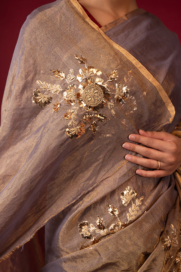 brownish grey pure tissue aari badla sequins motif handwork saree