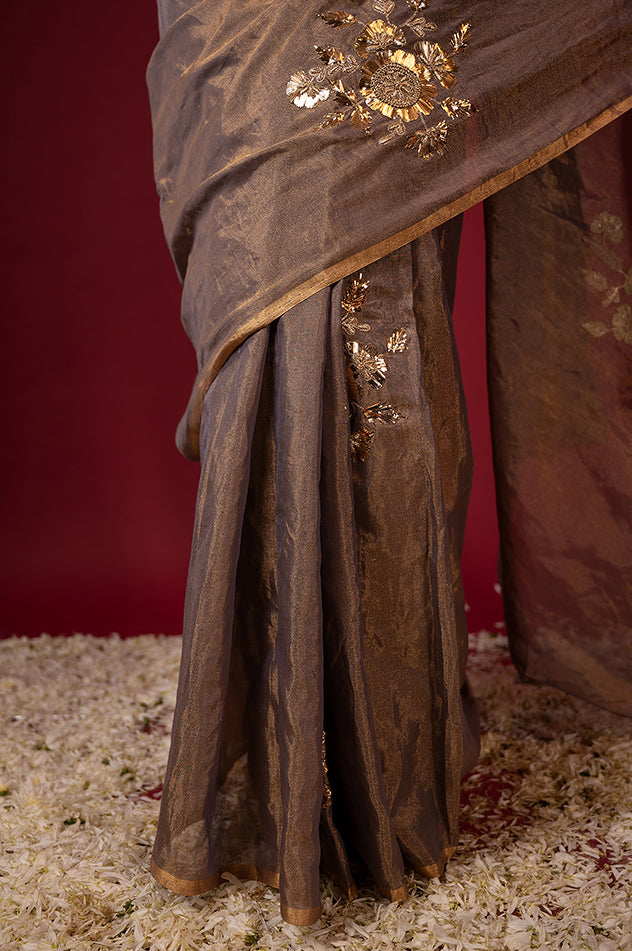 brownish grey pure tissue aari badla sequins motif handwork saree