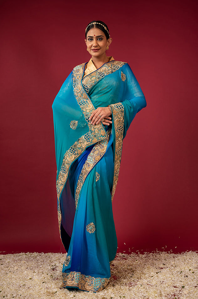 peacock blue pure chiffon aari zardozi resham border butti handwork saree