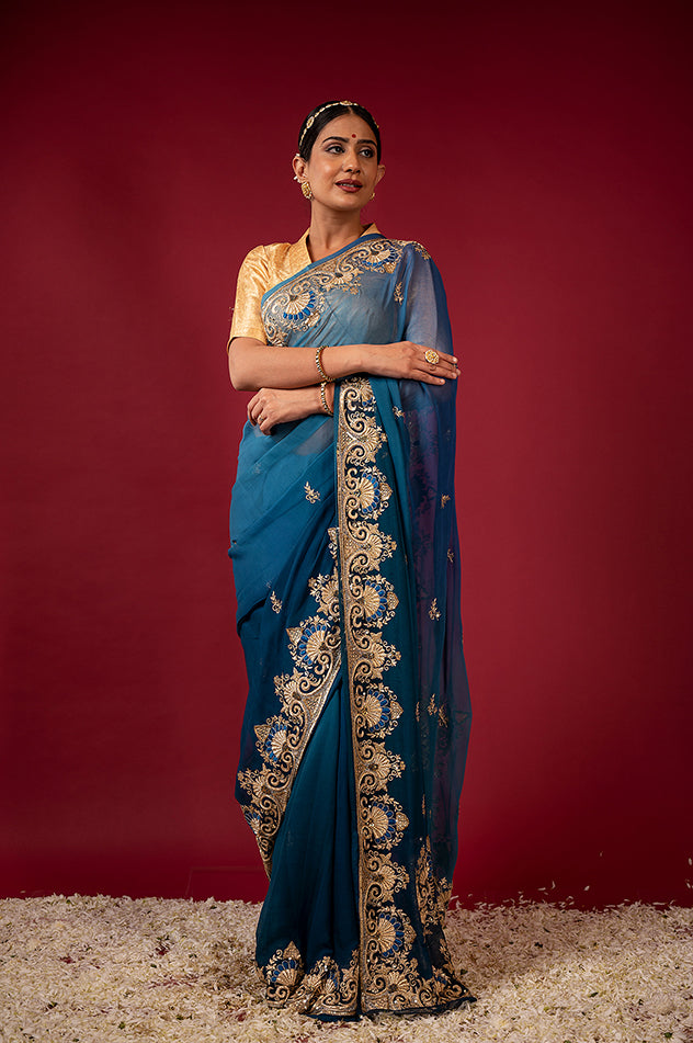 rama blue pure chiffon aari zardozi resham border butti handwork saree