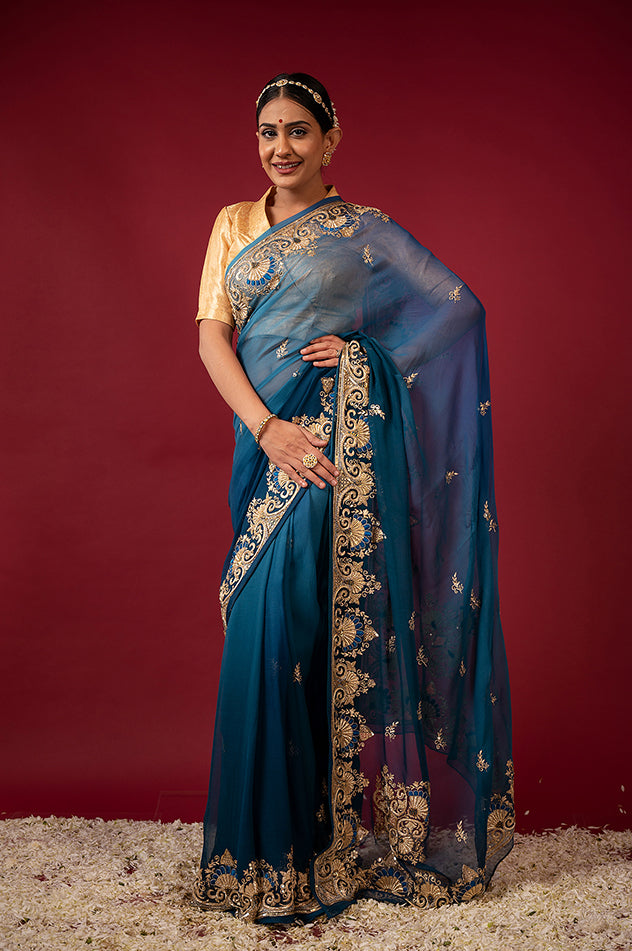 rama blue pure chiffon aari zardozi resham border butti handwork saree