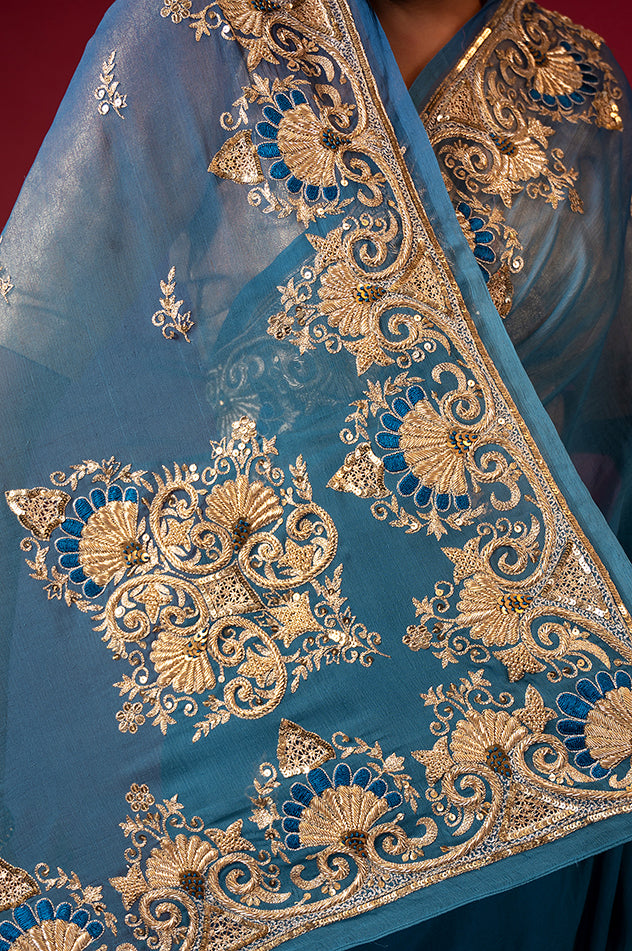 rama blue pure chiffon aari zardozi resham border butti handwork saree