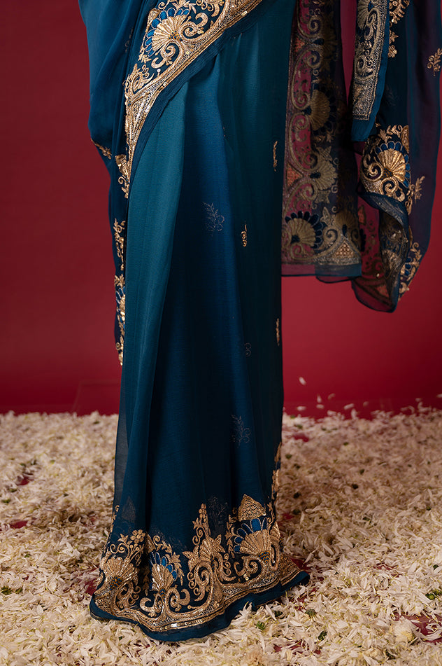 rama blue pure chiffon aari zardozi resham border butti handwork saree