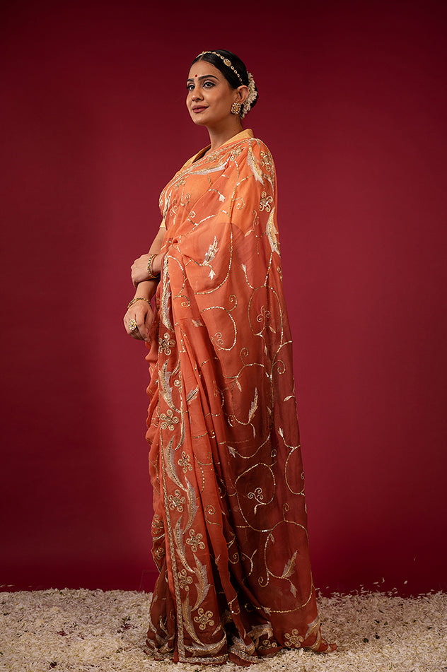 brown light dark pure chiffon aari sequins jaal handwork saree