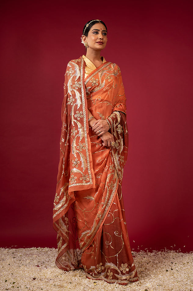 brown light dark pure chiffon aari sequins jaal handwork saree