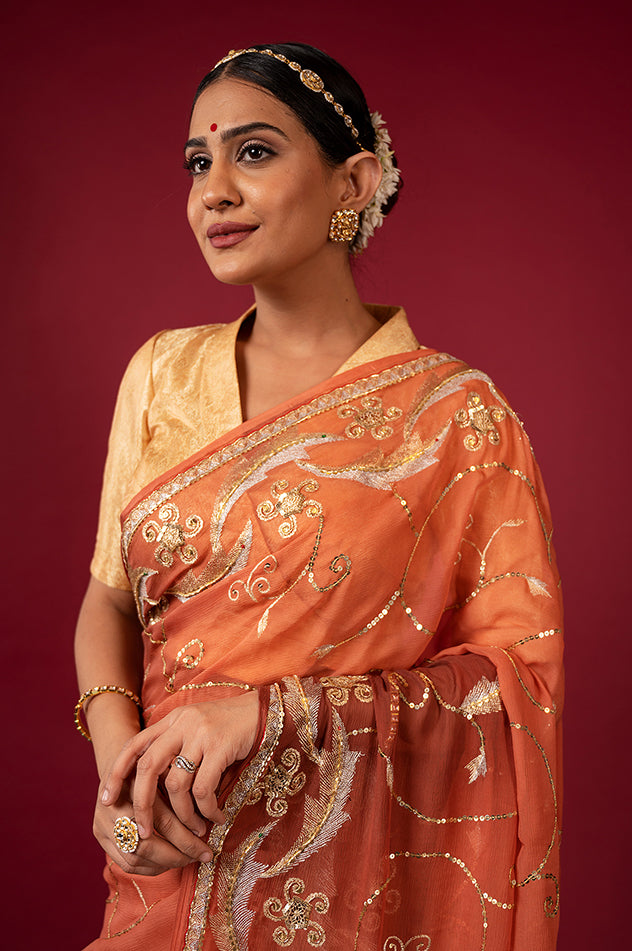 brown light dark pure chiffon aari sequins jaal handwork saree