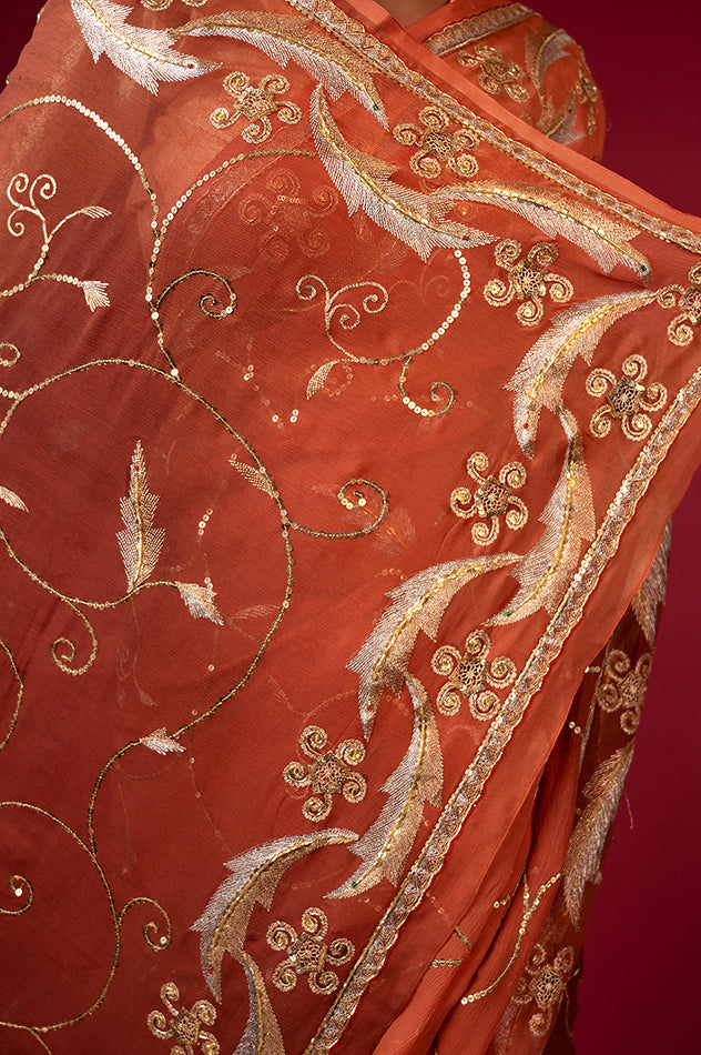 brown light dark pure chiffon aari sequins jaal handwork saree