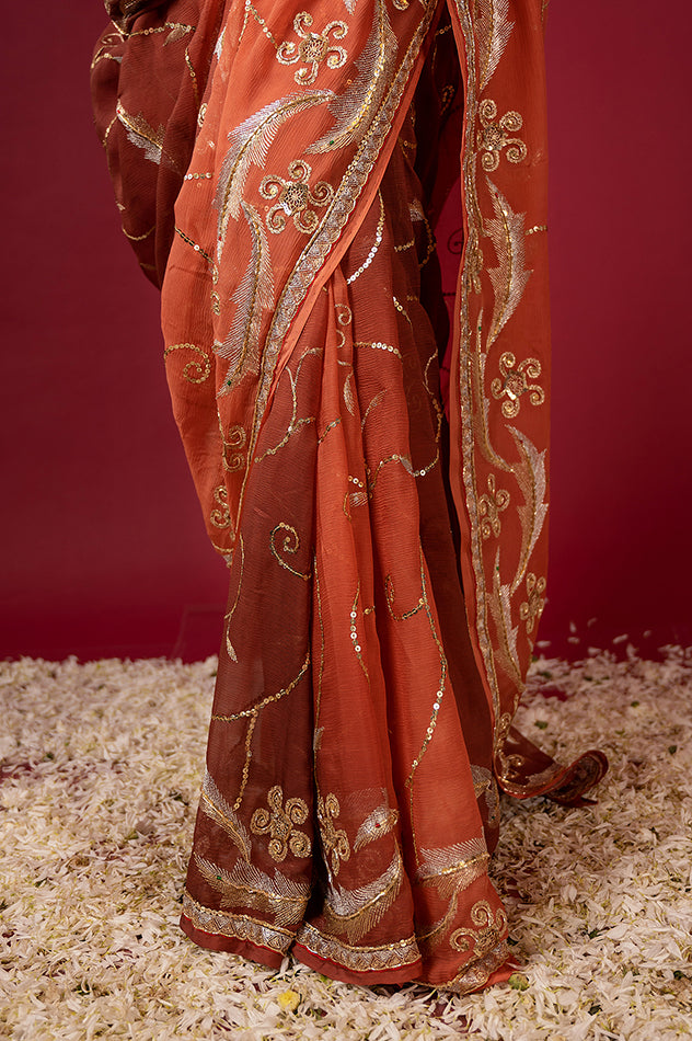 brown light dark pure chiffon aari sequins jaal handwork saree