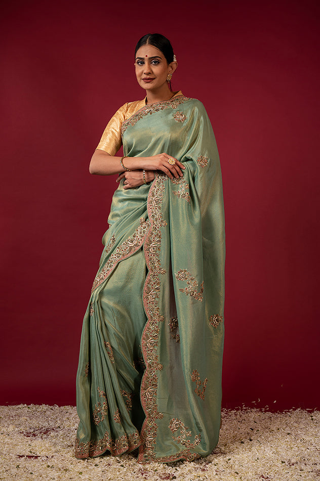 gray teal Pure Tissue zardozi border butti handwork saree