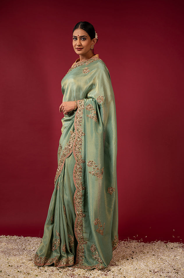 gray teal Pure Tissue zardozi border butti handwork saree