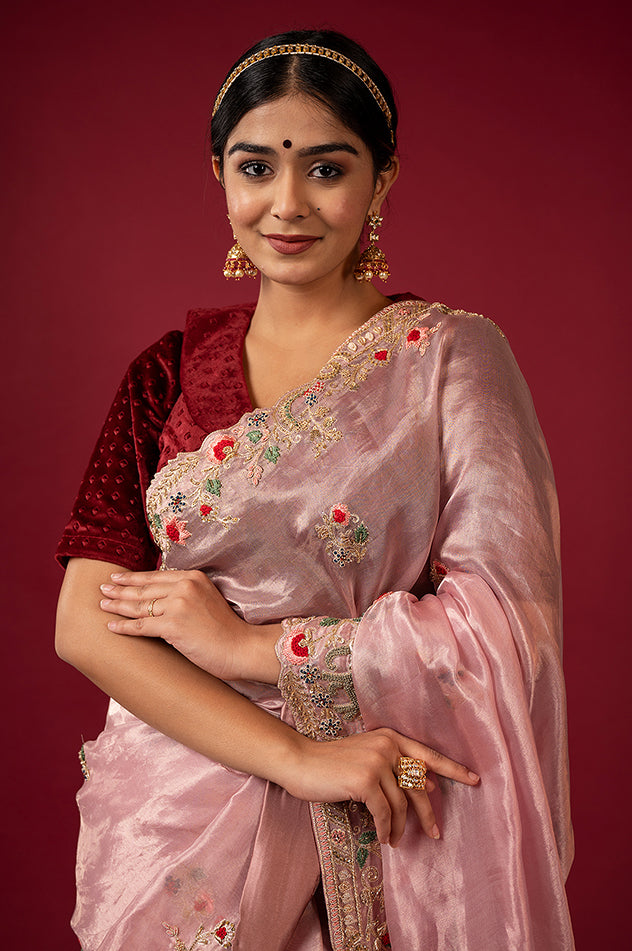 light pink Pure Tissue zardozi resham border butti handwork saree