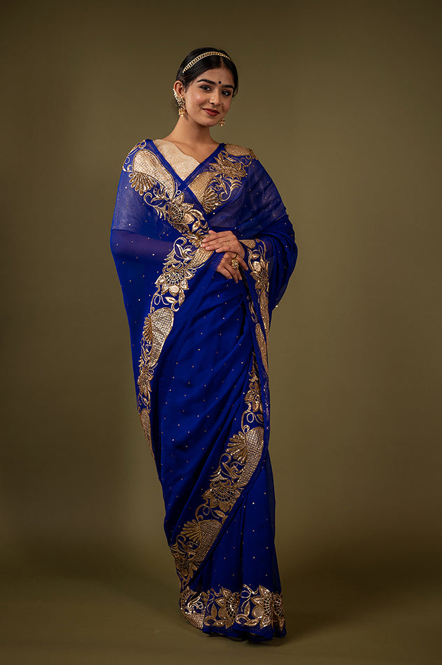 Royal blue pure chiffon aari cut work border butti handwork saree