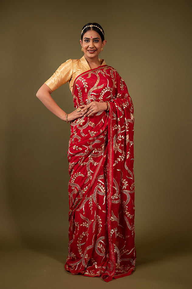 red pure chiffon aari cut work jaal handwork saree