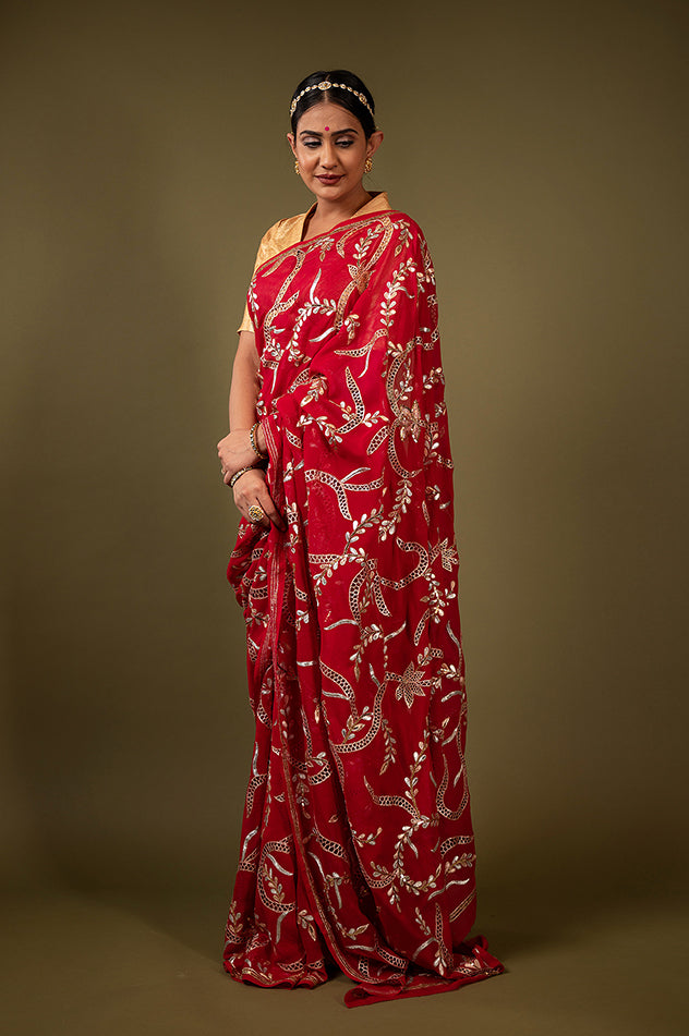 red pure chiffon aari cut work jaal handwork saree