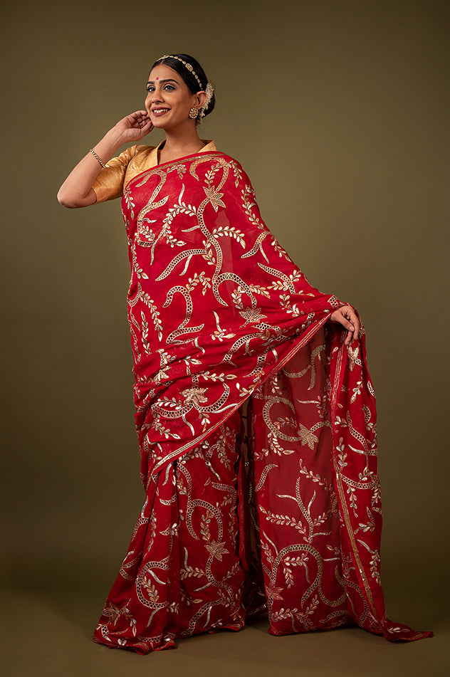 red pure chiffon aari cut work jaal handwork saree