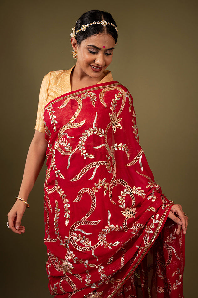 red pure chiffon aari cut work jaal handwork saree