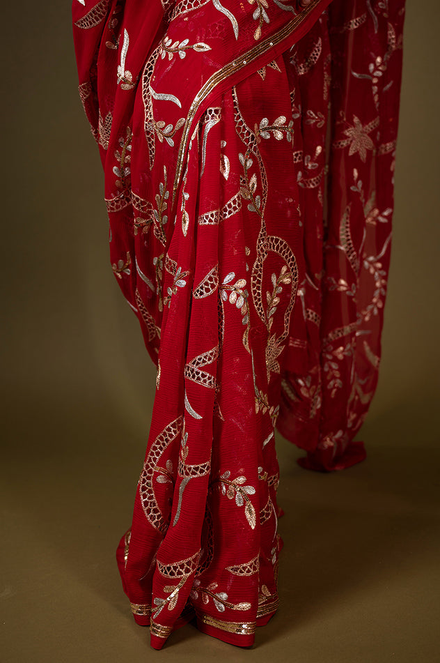 red pure chiffon aari cut work jaal handwork saree