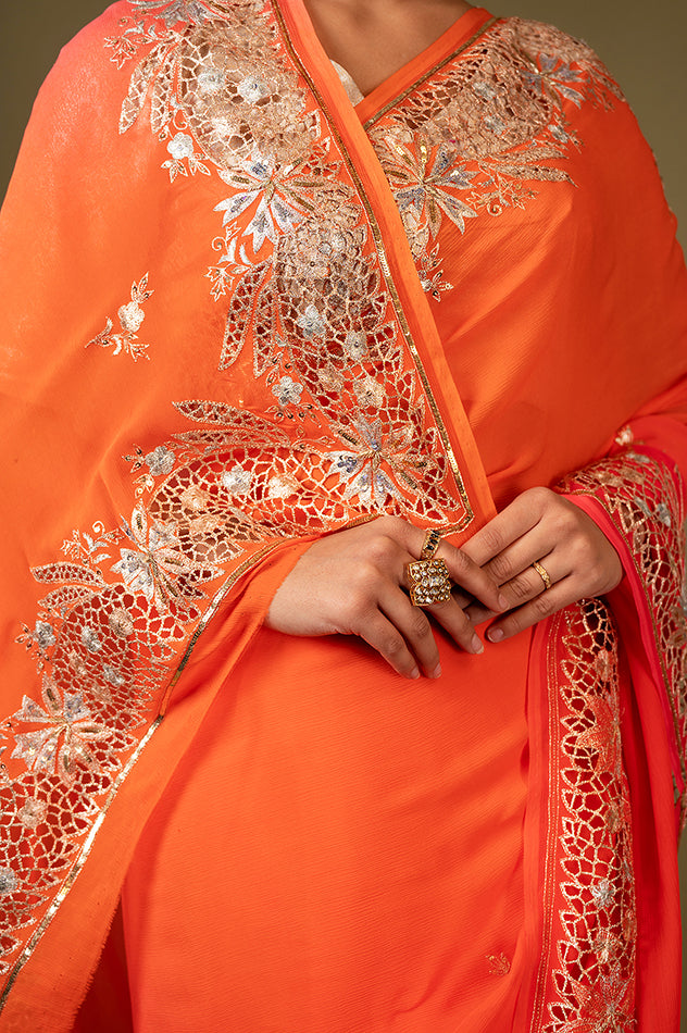 Orange light dark pure chiffon cut work border butti handwork saree