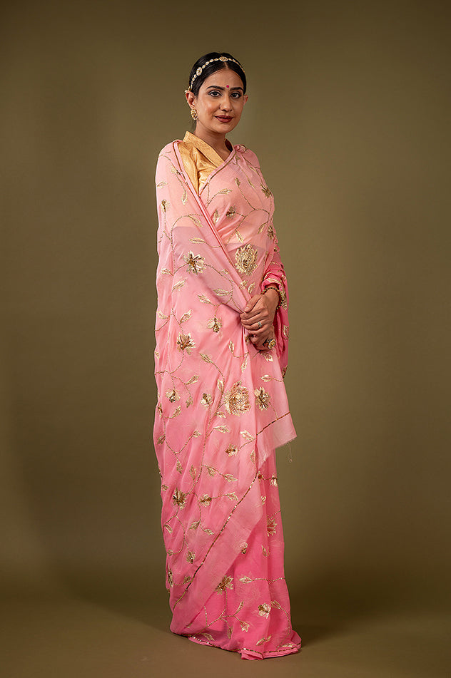 Pink light dark pure chiffon aari sequins jaal handwork saree