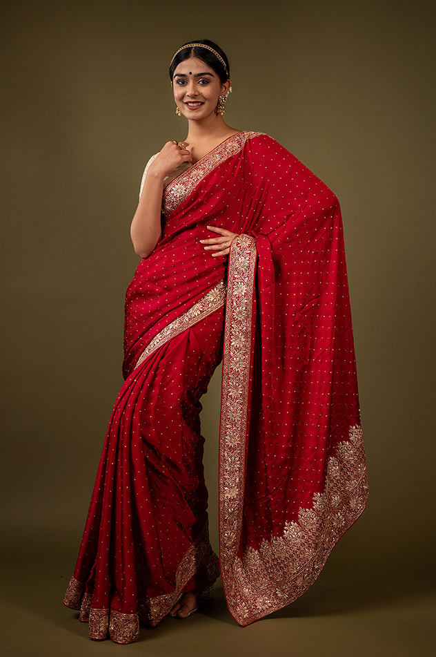 Royal red pure silk Satin gota patti handwork saree