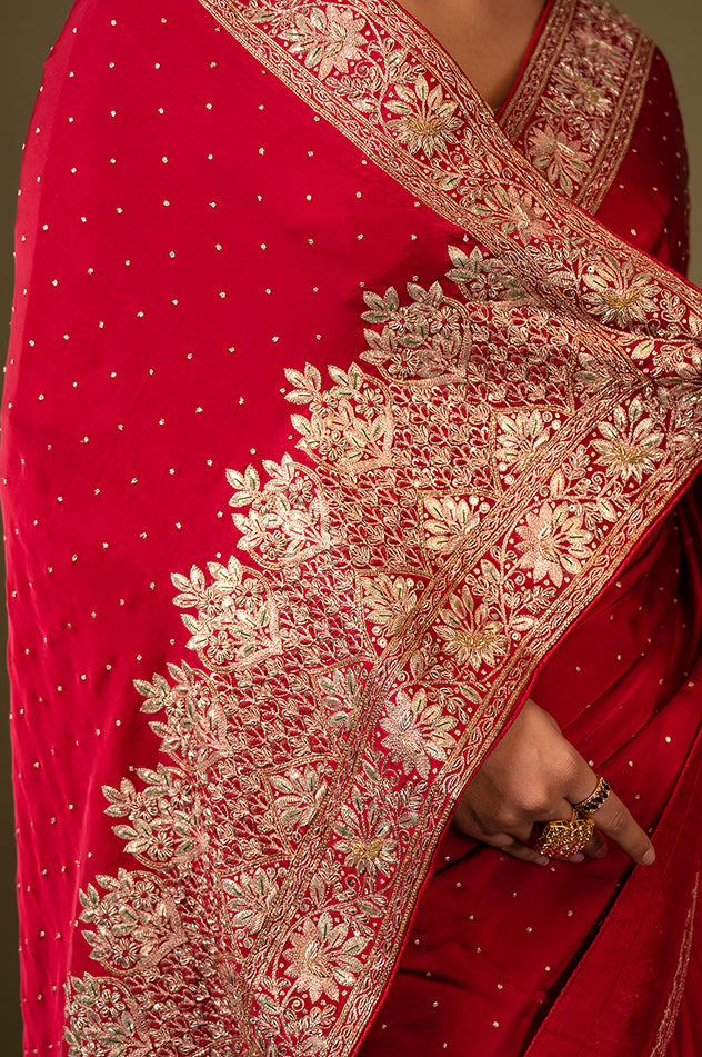 Royal red pure silk Satin gota patti handwork saree