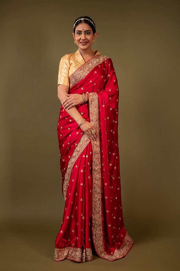 Marriage Bridal Red Silk Saree Red Pure Silk Satin Zardozi Border