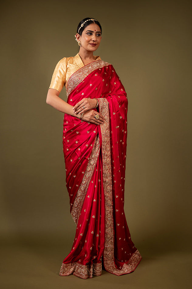 Red pure silk Satin zardozi border butti handwork saree