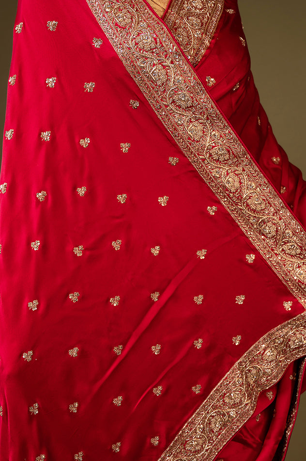 Red pure silk Satin zardozi border butti handwork saree