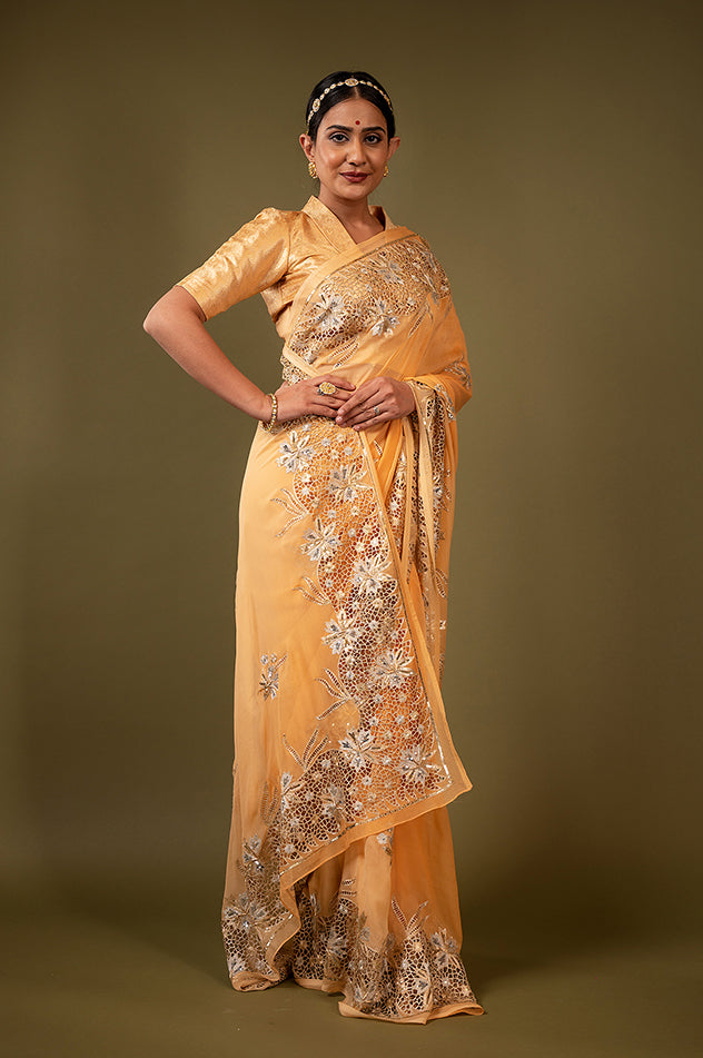 Peach pure chiffon cut work border butti handwork saree