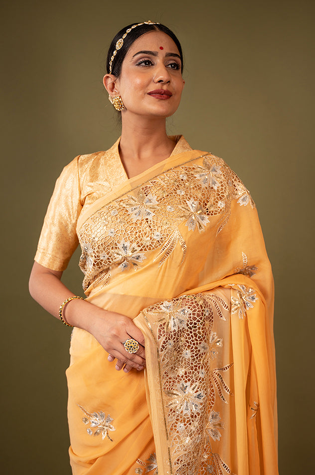 Peach pure chiffon cut work border butti handwork saree