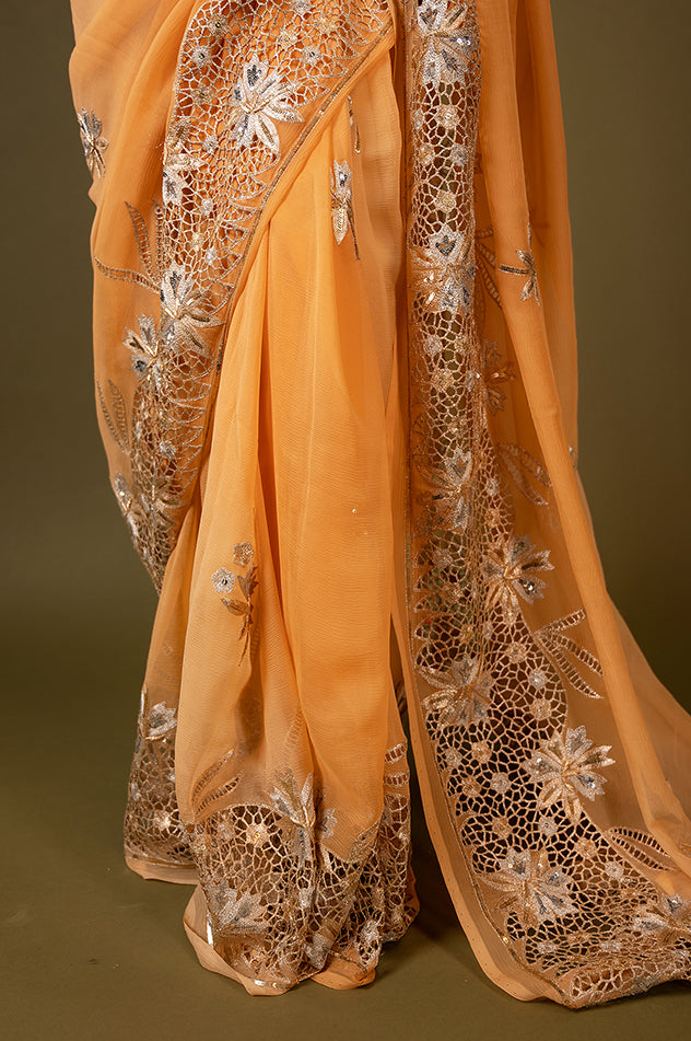 Peach pure chiffon cut work border butti handwork saree