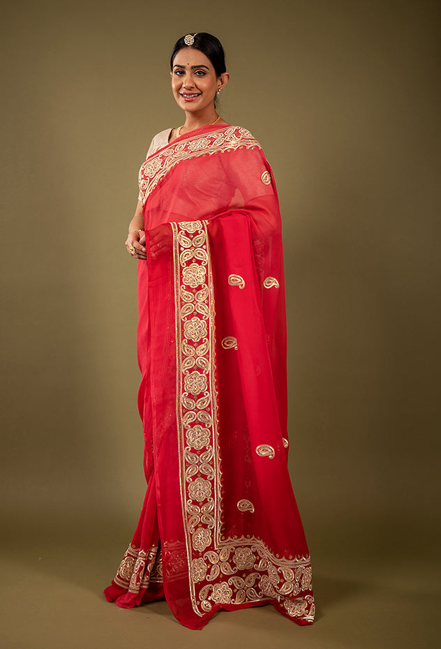 Red viscose chiffon sikhiya gota border butti handwork saree