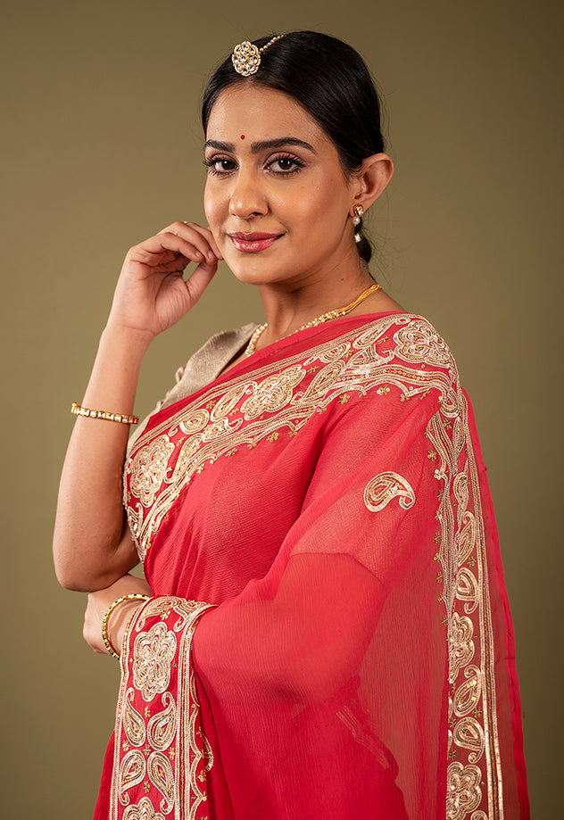 Red viscose chiffon sikhiya gota border butti handwork saree