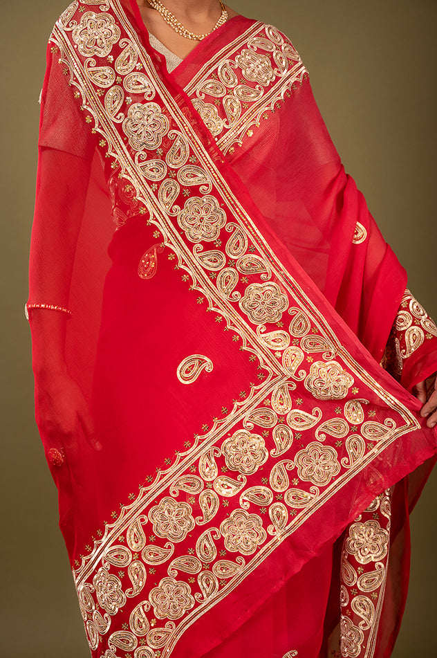 Red viscose chiffon sikhiya gota border butti handwork saree
