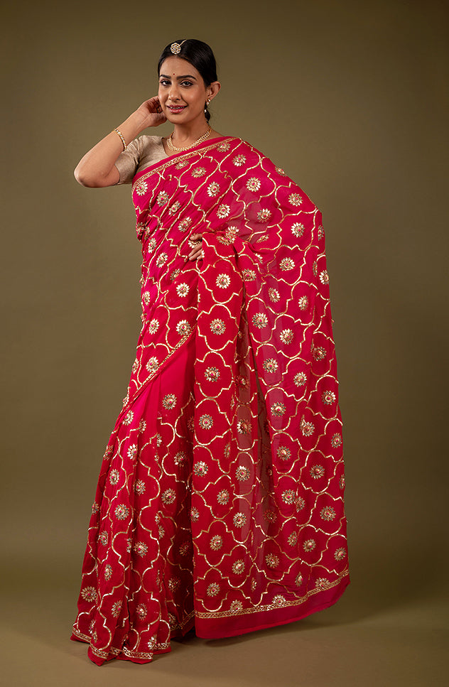 Red pure chiffon sikhiya gota patti jaal handwork saree