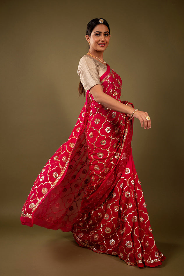 Red pure chiffon sikhiya gota patti jaal handwork saree