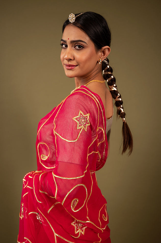 Red viscose chiffon sikhiya gota jaal handwork saree