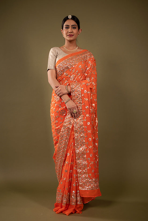 orange pure chiffon sikhiya gota patti border butti jaal handwork saree