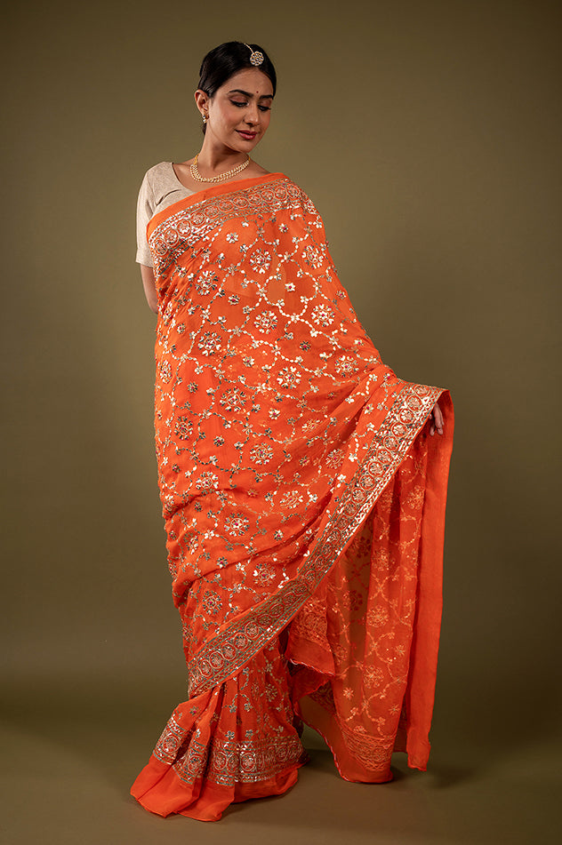 orange pure chiffon sikhiya gota patti border butti jaal handwork saree