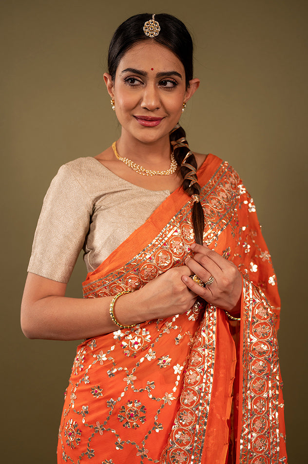 orange pure chiffon sikhiya gota patti border butti jaal handwork saree
