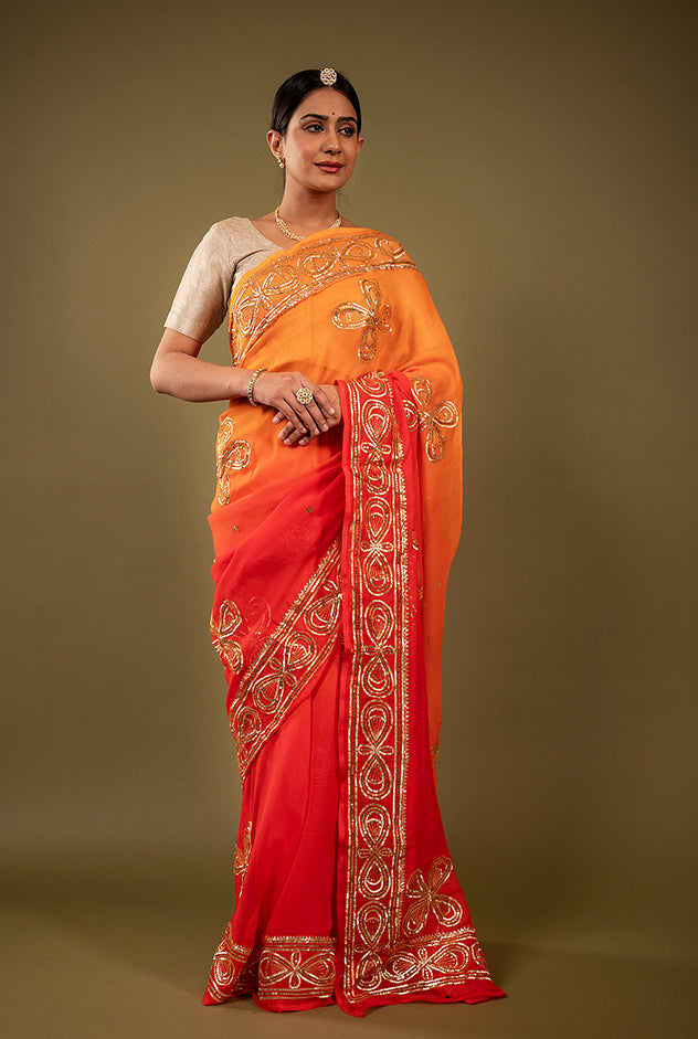 Orange light dark pure chiffon sikhiya gota border butti handwork saree