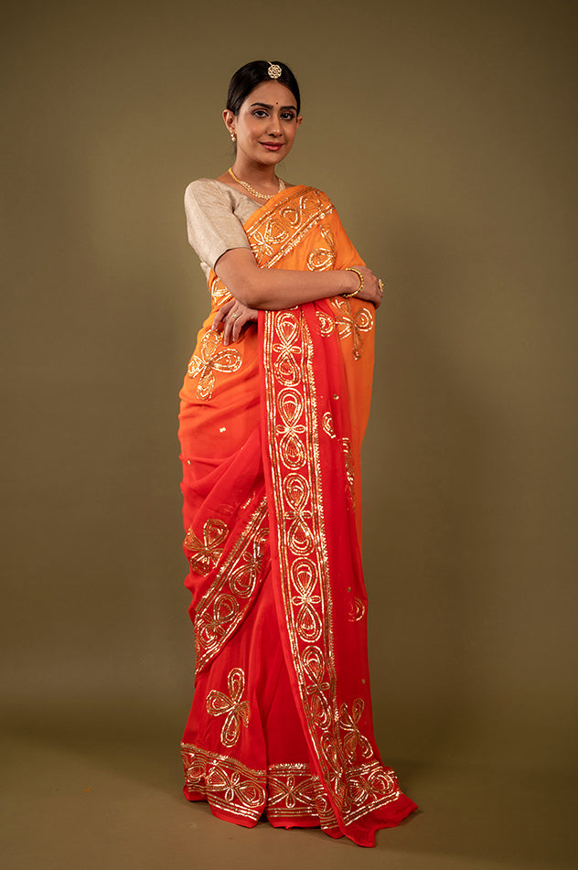 Orange light dark pure chiffon sikhiya gota border butti handwork saree