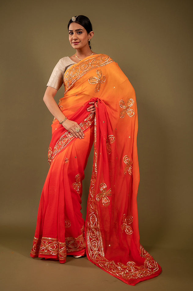 Orange light dark pure chiffon sikhiya gota border butti handwork saree