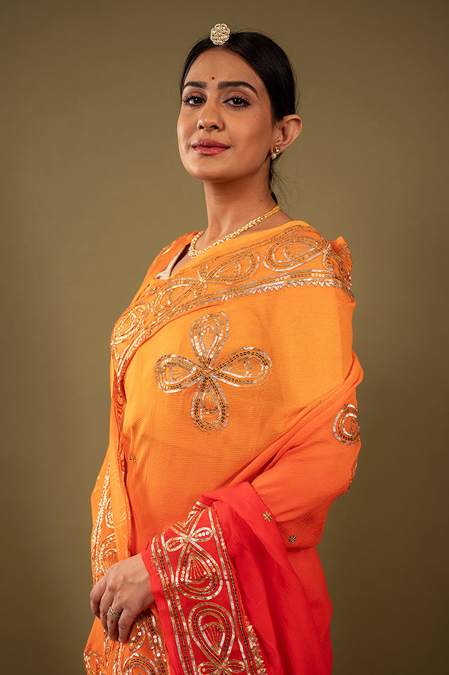 Orange light dark pure chiffon sikhiya gota border butti handwork saree