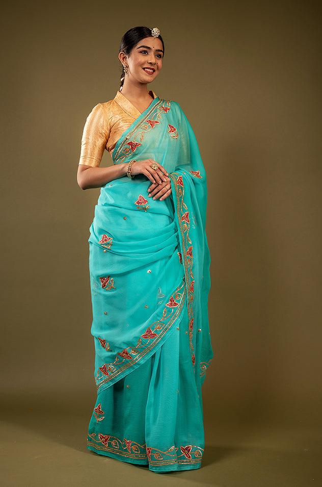 Sky blue viscose chiffon sikhiya gota pech handwork saree