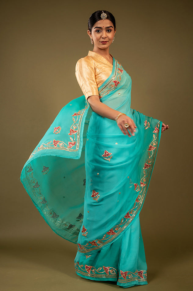 Sky blue viscose chiffon sikhiya gota pech handwork saree